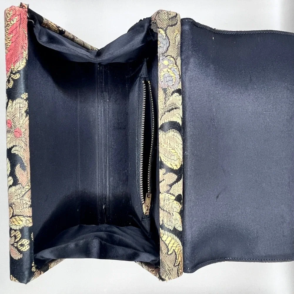 Vtg Floral Tapestry Handbag Gold Ring Top Handle Brocade Satchel Black 6